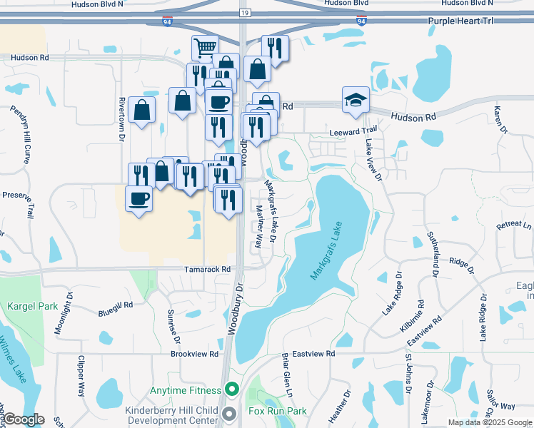 map of restaurants, bars, coffee shops, grocery stores, and more near 589 Mariner Way in Woodbury