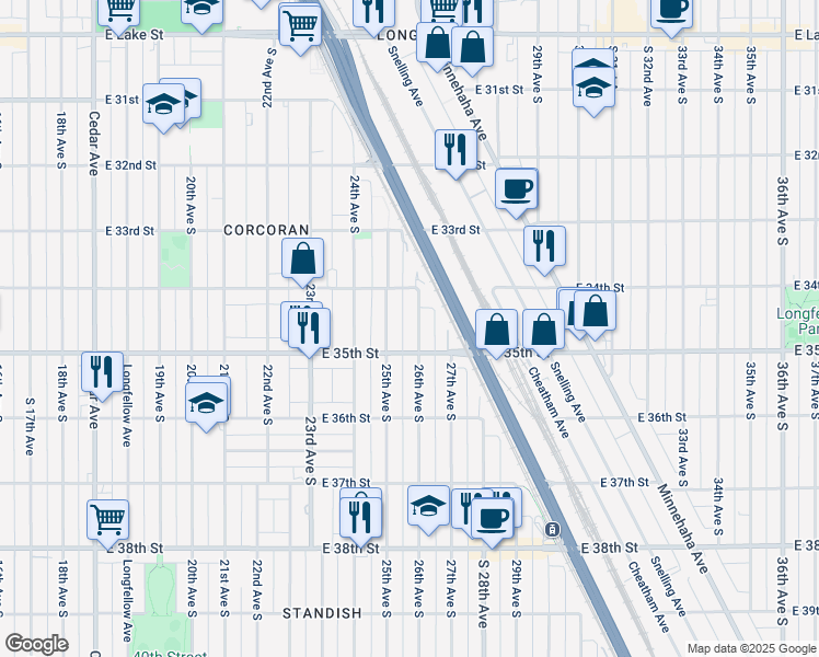 map of restaurants, bars, coffee shops, grocery stores, and more near 3443 25th Avenue South in Minneapolis