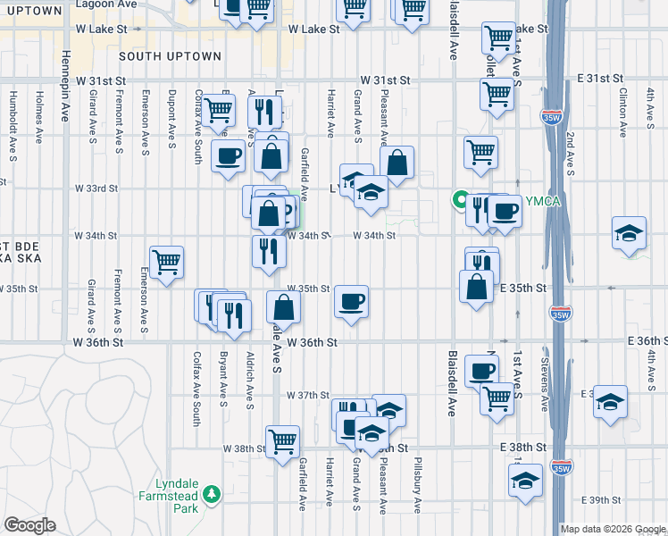 map of restaurants, bars, coffee shops, grocery stores, and more near 3439 Harriet Avenue in Minneapolis