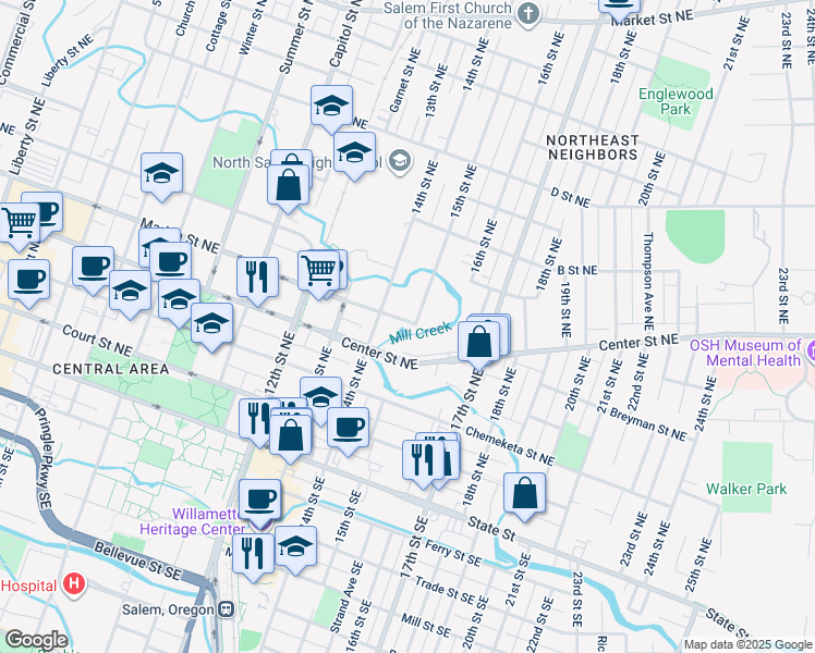 map of restaurants, bars, coffee shops, grocery stores, and more near 1480 Marion Street Northeast in Salem