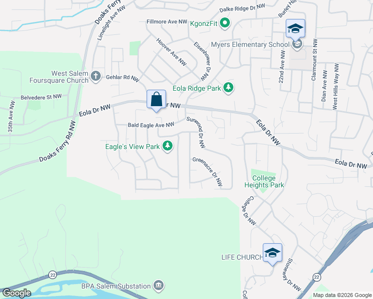 map of restaurants, bars, coffee shops, grocery stores, and more near 454 Eagles Wing Street Northwest in Salem