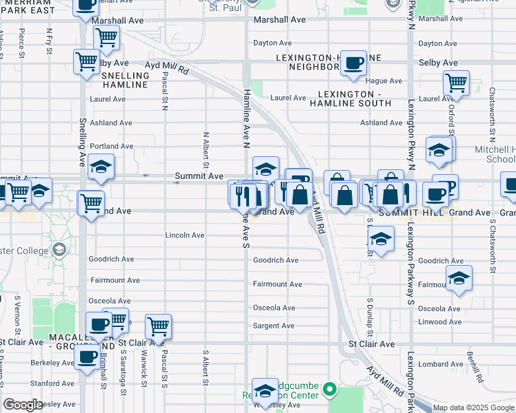 map of restaurants, bars, coffee shops, grocery stores, and more near 1326b Grand Avenue in Saint Paul