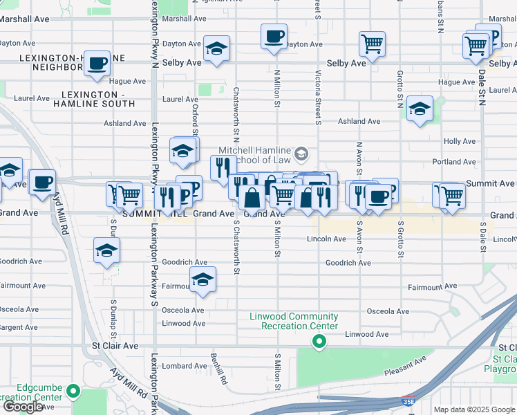 map of restaurants, bars, coffee shops, grocery stores, and more near in Saint Paul