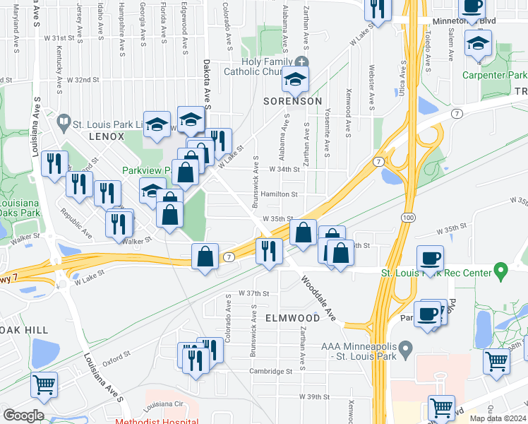 map of restaurants, bars, coffee shops, grocery stores, and more near 6018 West 35th Street in Minneapolis