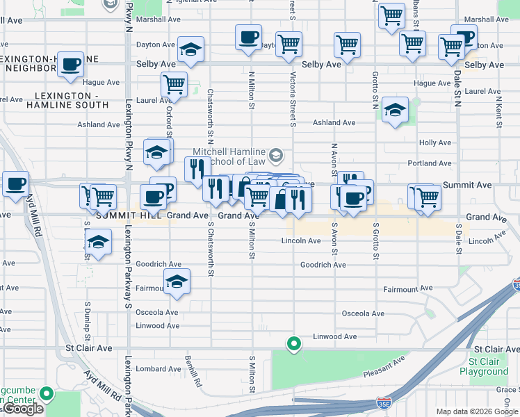 map of restaurants, bars, coffee shops, grocery stores, and more near 891 Grand Avenue in Saint Paul