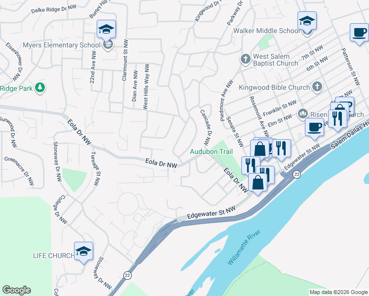 map of restaurants, bars, coffee shops, grocery stores, and more near 502 Kingwood Drive Northwest in Salem