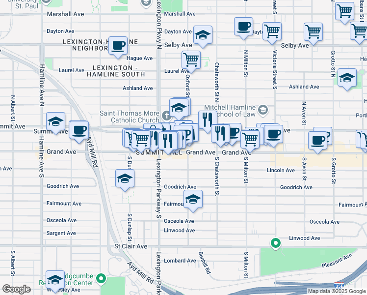 map of restaurants, bars, coffee shops, grocery stores, and more near 1060 Grand Avenue in Saint Paul