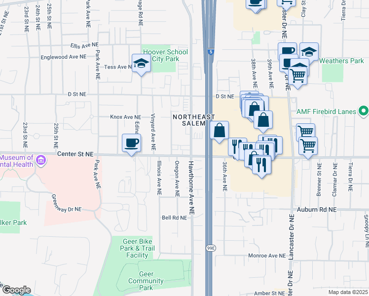 map of restaurants, bars, coffee shops, grocery stores, and more near 3385 Center Street Northeast in Salem