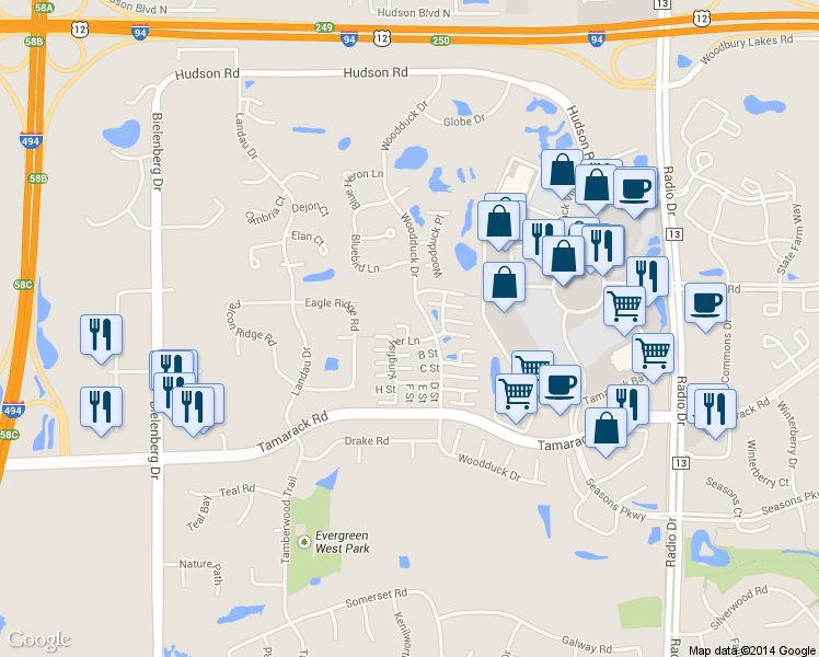 map of restaurants, bars, coffee shops, grocery stores, and more near 633 Kingfisher Lane in Woodbury