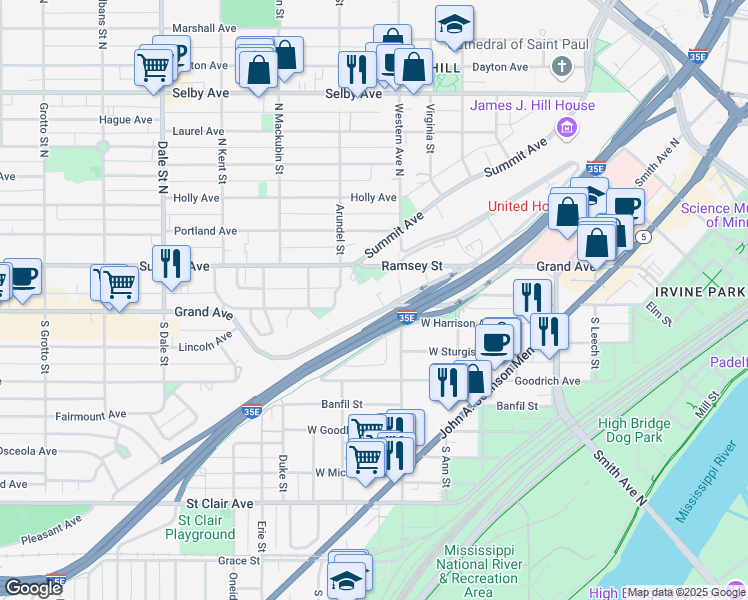 map of restaurants, bars, coffee shops, grocery stores, and more near in Saint Paul