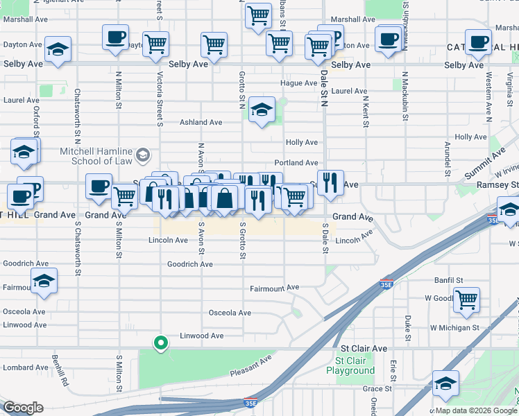 map of restaurants, bars, coffee shops, grocery stores, and more near 720 West Grand Avenue in Saint Paul