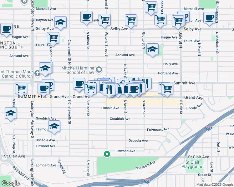 map of restaurants, bars, coffee shops, grocery stores, and more near 827 Grand Avenue in Saint Paul