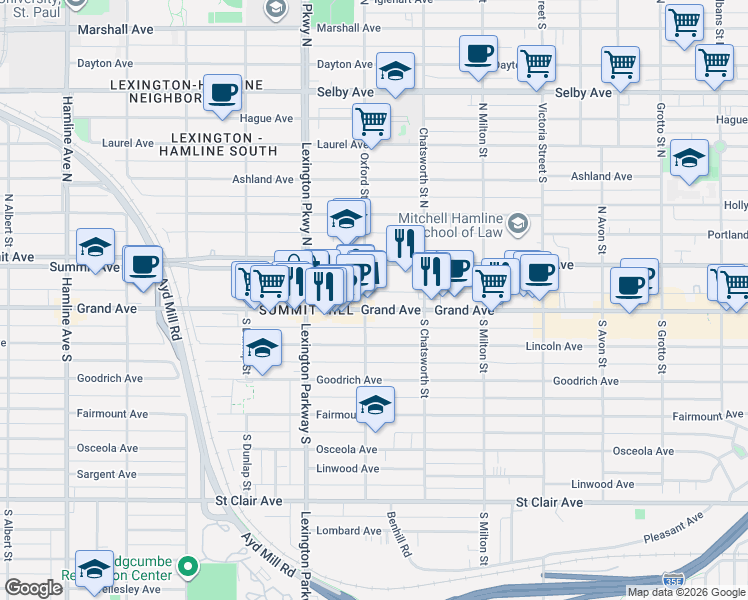 map of restaurants, bars, coffee shops, grocery stores, and more near 1060 Grand Avenue in Saint Paul