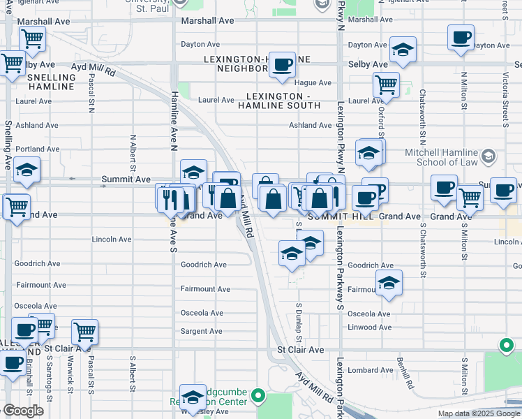 map of restaurants, bars, coffee shops, grocery stores, and more near 1200 West Grand Avenue in Saint Paul