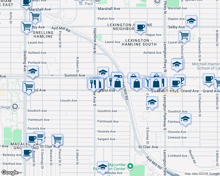 map of restaurants, bars, coffee shops, grocery stores, and more near in Saint Paul