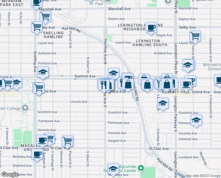 map of restaurants, bars, coffee shops, grocery stores, and more near 1326b Grand Avenue in Saint Paul