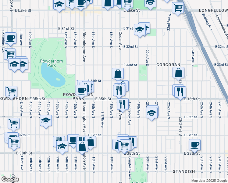 map of restaurants, bars, coffee shops, grocery stores, and more near 3436 18th Avenue South in Minneapolis