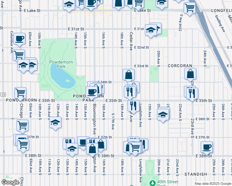 map of restaurants, bars, coffee shops, grocery stores, and more near 3436 18th Avenue South in Minneapolis