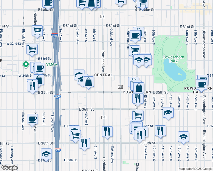 map of restaurants, bars, coffee shops, grocery stores, and more near 3437 Portland Avenue in Minneapolis