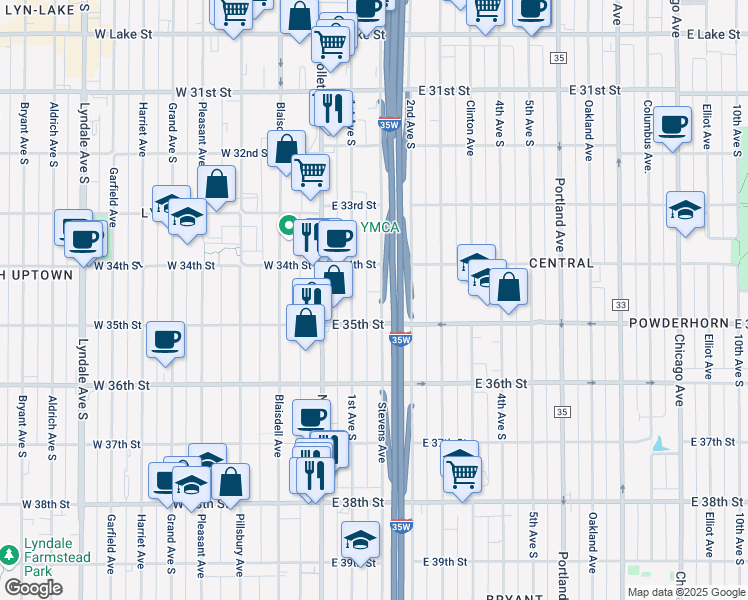 map of restaurants, bars, coffee shops, grocery stores, and more near 3440 Stevens Avenue in Minneapolis