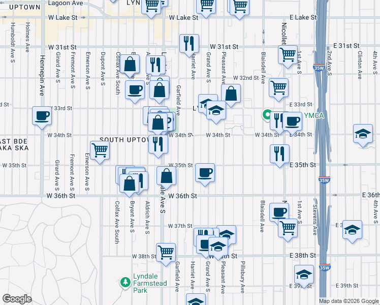 map of restaurants, bars, coffee shops, grocery stores, and more near 3439 Garfield Avenue in Minneapolis