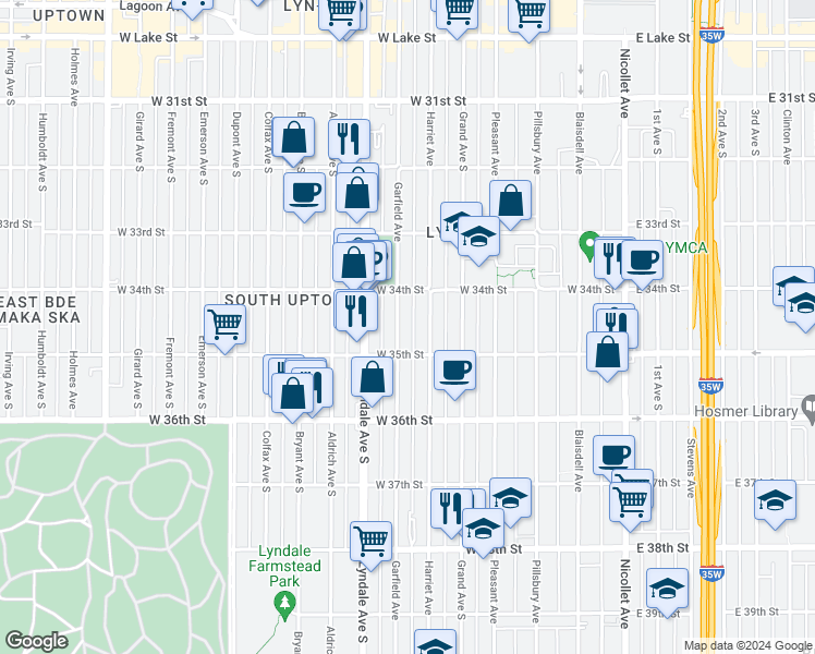 map of restaurants, bars, coffee shops, grocery stores, and more near 3439 Garfield Avenue in Minneapolis