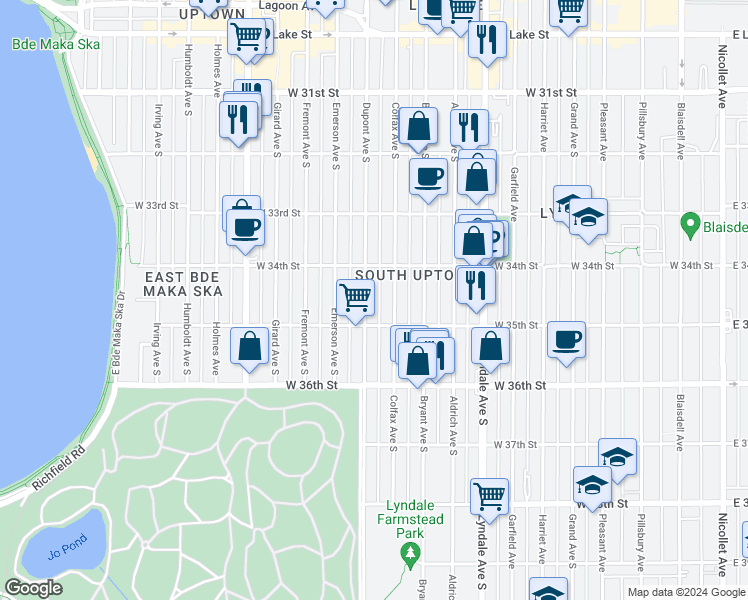 map of restaurants, bars, coffee shops, grocery stores, and more near 3440 Colfax Avenue South in Minneapolis