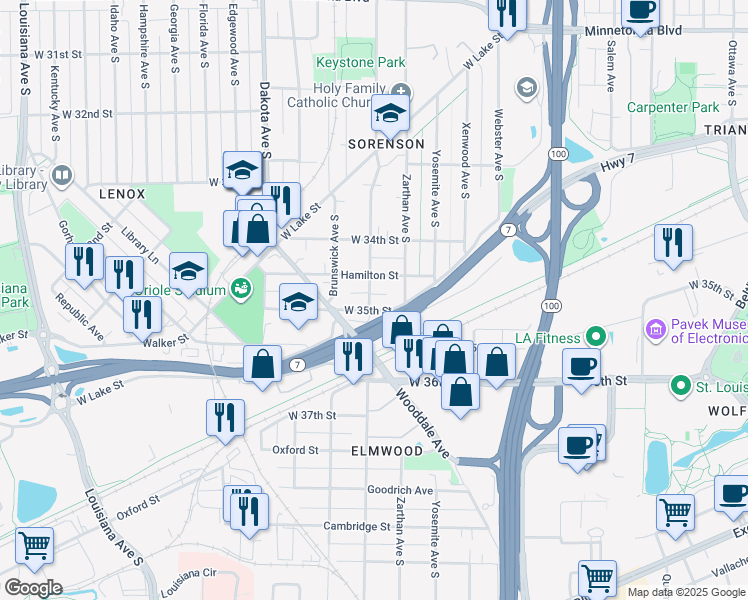map of restaurants, bars, coffee shops, grocery stores, and more near 5918 West 35th Street in Minneapolis
