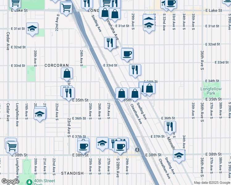 map of restaurants, bars, coffee shops, grocery stores, and more near 3415 Hiawatha Avenue in Minneapolis