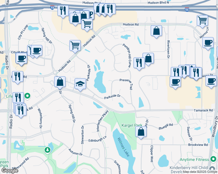 map of restaurants, bars, coffee shops, grocery stores, and more near 9288 Preserve Trail in Woodbury