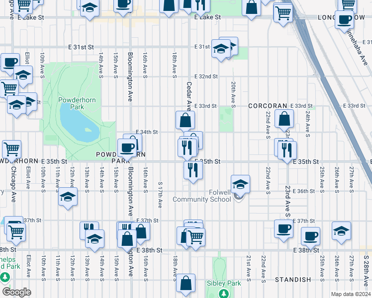 map of restaurants, bars, coffee shops, grocery stores, and more near 3428 Cedar Avenue South in Minneapolis