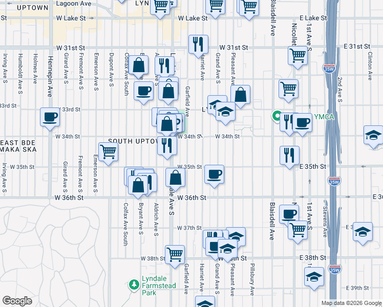 map of restaurants, bars, coffee shops, grocery stores, and more near 3439 Garfield Avenue in Minneapolis