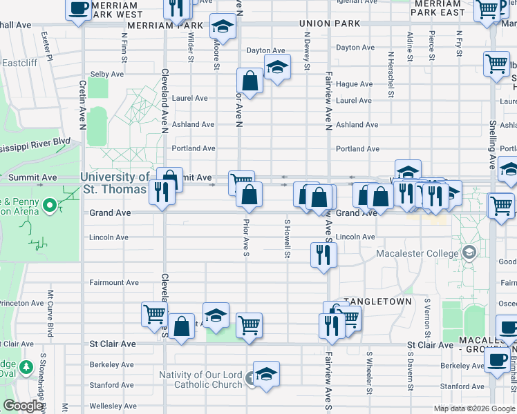 map of restaurants, bars, coffee shops, grocery stores, and more near 1923 Grand Avenue in Saint Paul