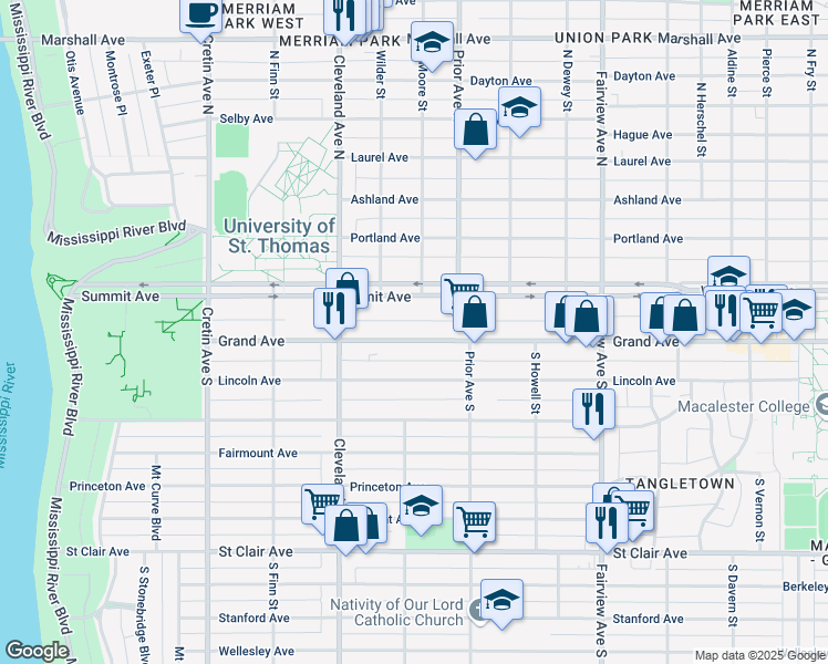 map of restaurants, bars, coffee shops, grocery stores, and more near 1990 Grand Avenue in Saint Paul
