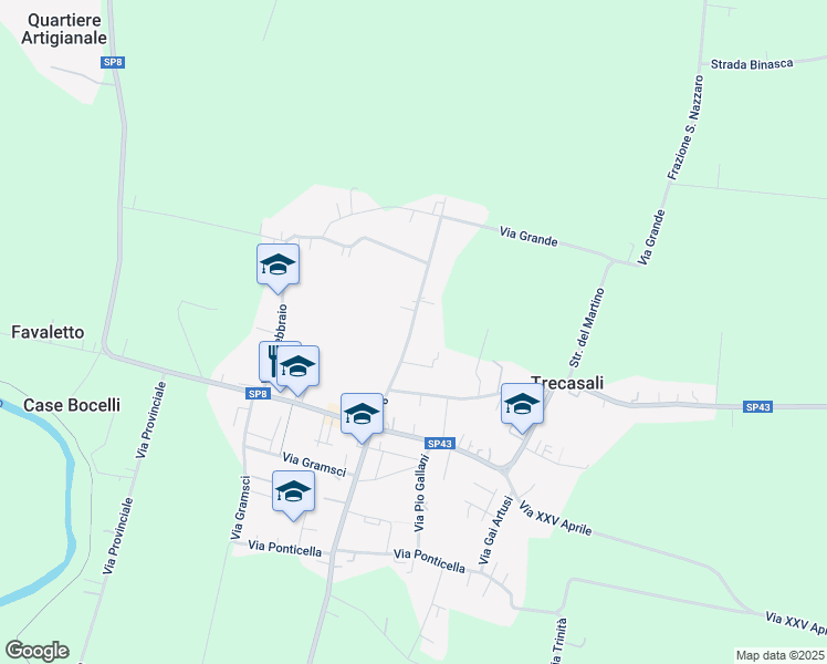 map of restaurants, bars, coffee shops, grocery stores, and more near 16 SP8 in Trecasali