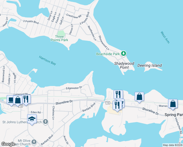 map of restaurants, bars, coffee shops, grocery stores, and more near 2009 Arbor Lane in Mound