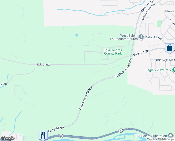 map of restaurants, bars, coffee shops, grocery stores, and more near 3598 Aster Street Northwest in Salem