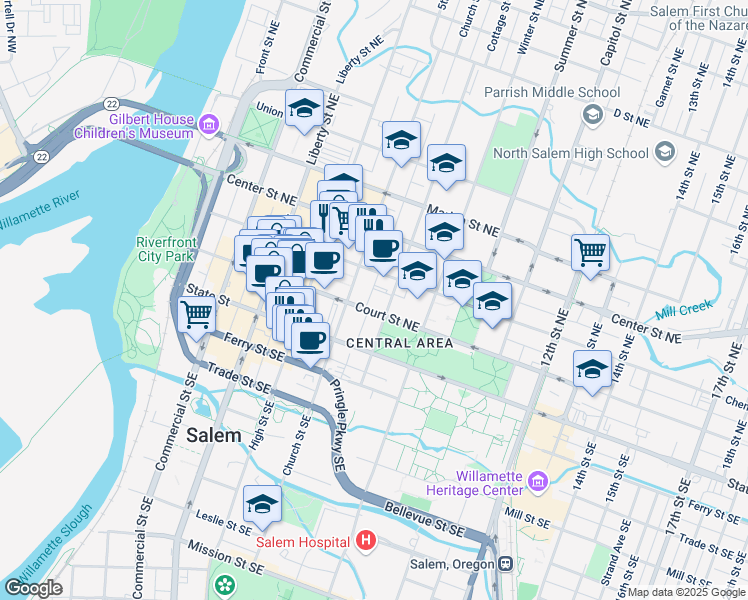 map of restaurants, bars, coffee shops, grocery stores, and more near 683 Court Street Northeast in Salem