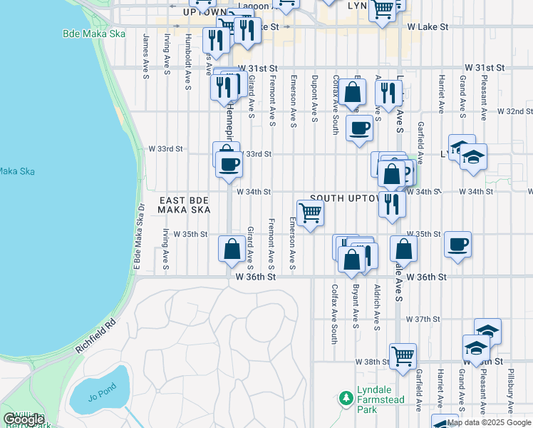 map of restaurants, bars, coffee shops, grocery stores, and more near 3428 Fremont Avenue South in Minneapolis