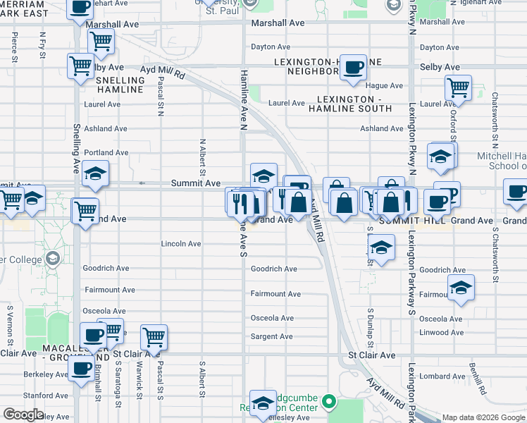 map of restaurants, bars, coffee shops, grocery stores, and more near 1311 Grand Avenue in Saint Paul