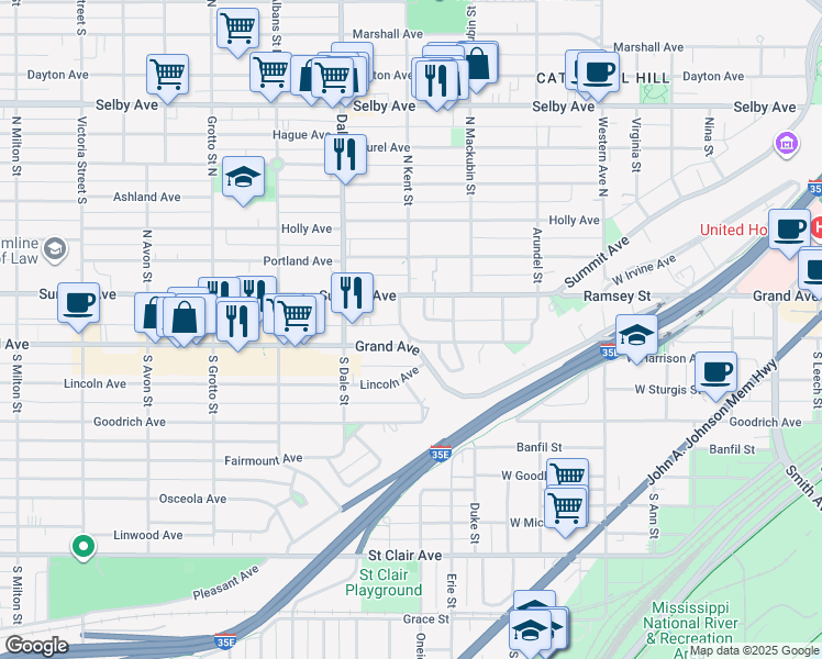 map of restaurants, bars, coffee shops, grocery stores, and more near 681 Oakland Avenue in Saint Paul