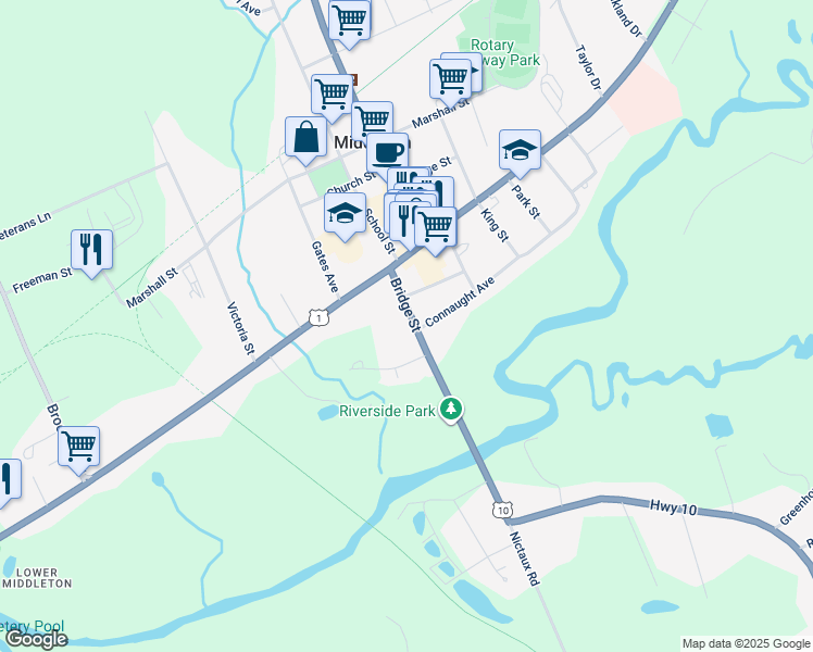 map of restaurants, bars, coffee shops, grocery stores, and more near 24 Bridge Street in Middleton