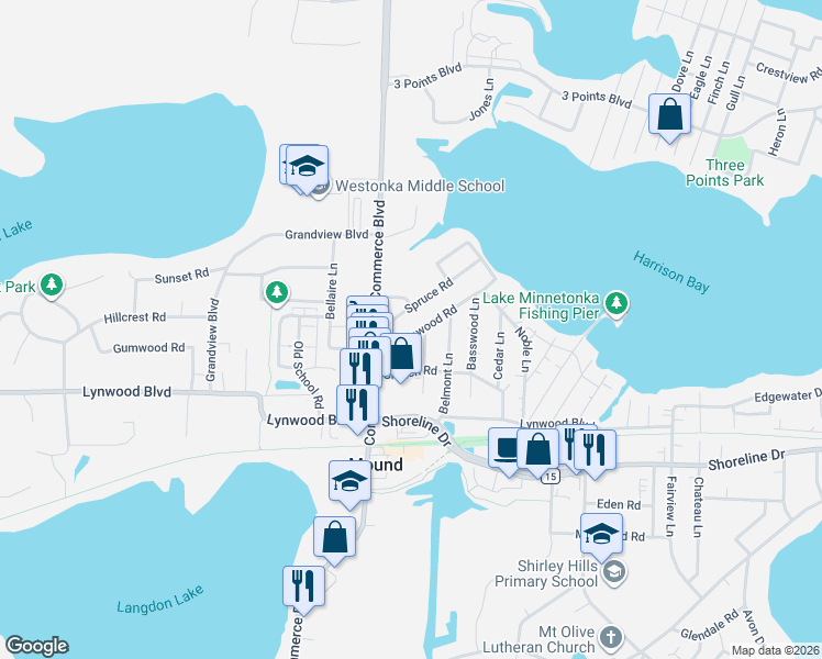 map of restaurants, bars, coffee shops, grocery stores, and more near 2117 Fern Lane in Mound