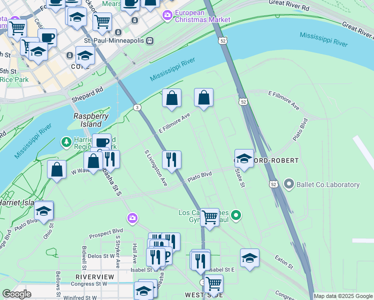 map of restaurants, bars, coffee shops, grocery stores, and more near 176 South Robert Street in Saint Paul