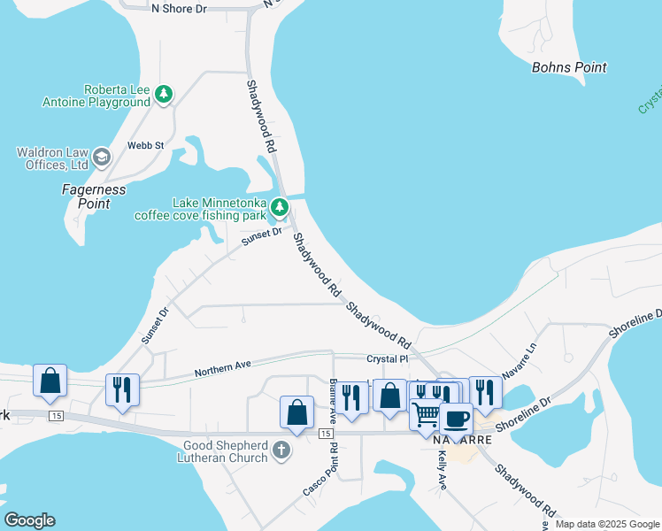 map of restaurants, bars, coffee shops, grocery stores, and more near 2100 Shadywood Road in Wayzata