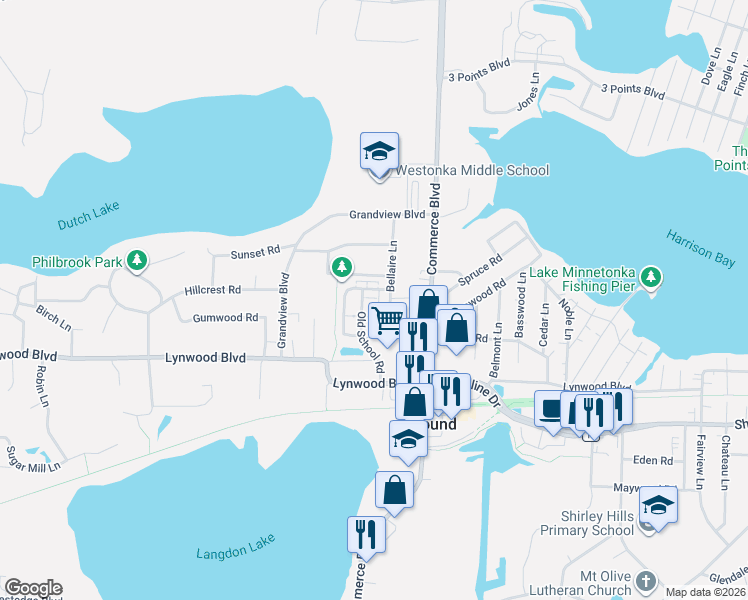 map of restaurants, bars, coffee shops, grocery stores, and more near 2135 Old School Road in Mound