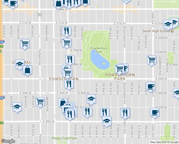 map of restaurants, bars, coffee shops, grocery stores, and more near 3405 11th Avenue South in Minneapolis