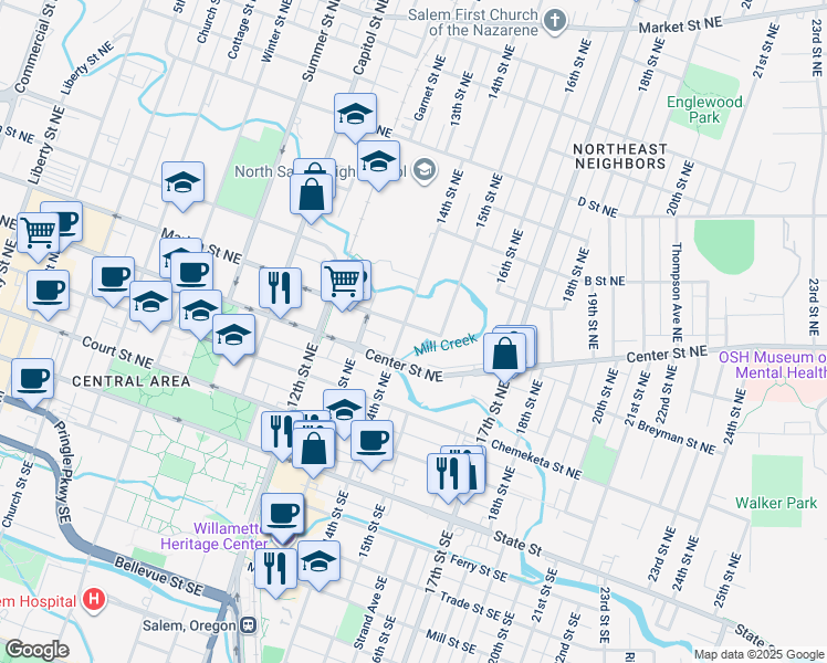 map of restaurants, bars, coffee shops, grocery stores, and more near 499-401 14th Street Northeast in Salem