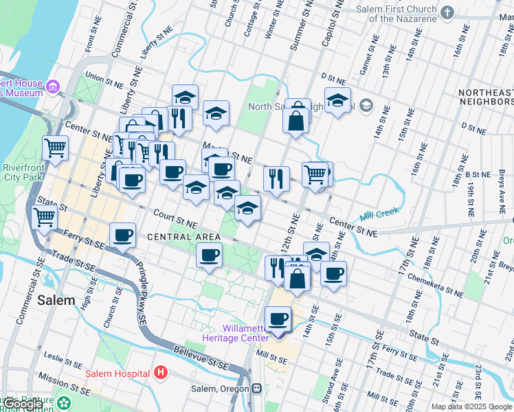 map of restaurants, bars, coffee shops, grocery stores, and more near 927-999 Chemeketa Street Northeast in Salem