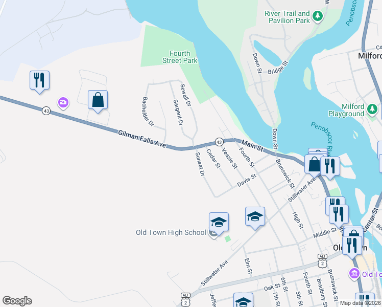 map of restaurants, bars, coffee shops, grocery stores, and more near 40 Gilman Falls Avenue in Old Town